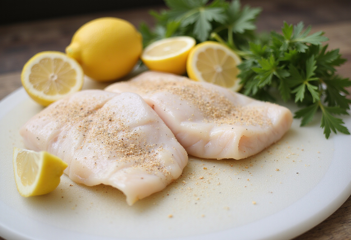 Tilapia al limón preparation with seasoned fish and fresh herbs on a cutting board.