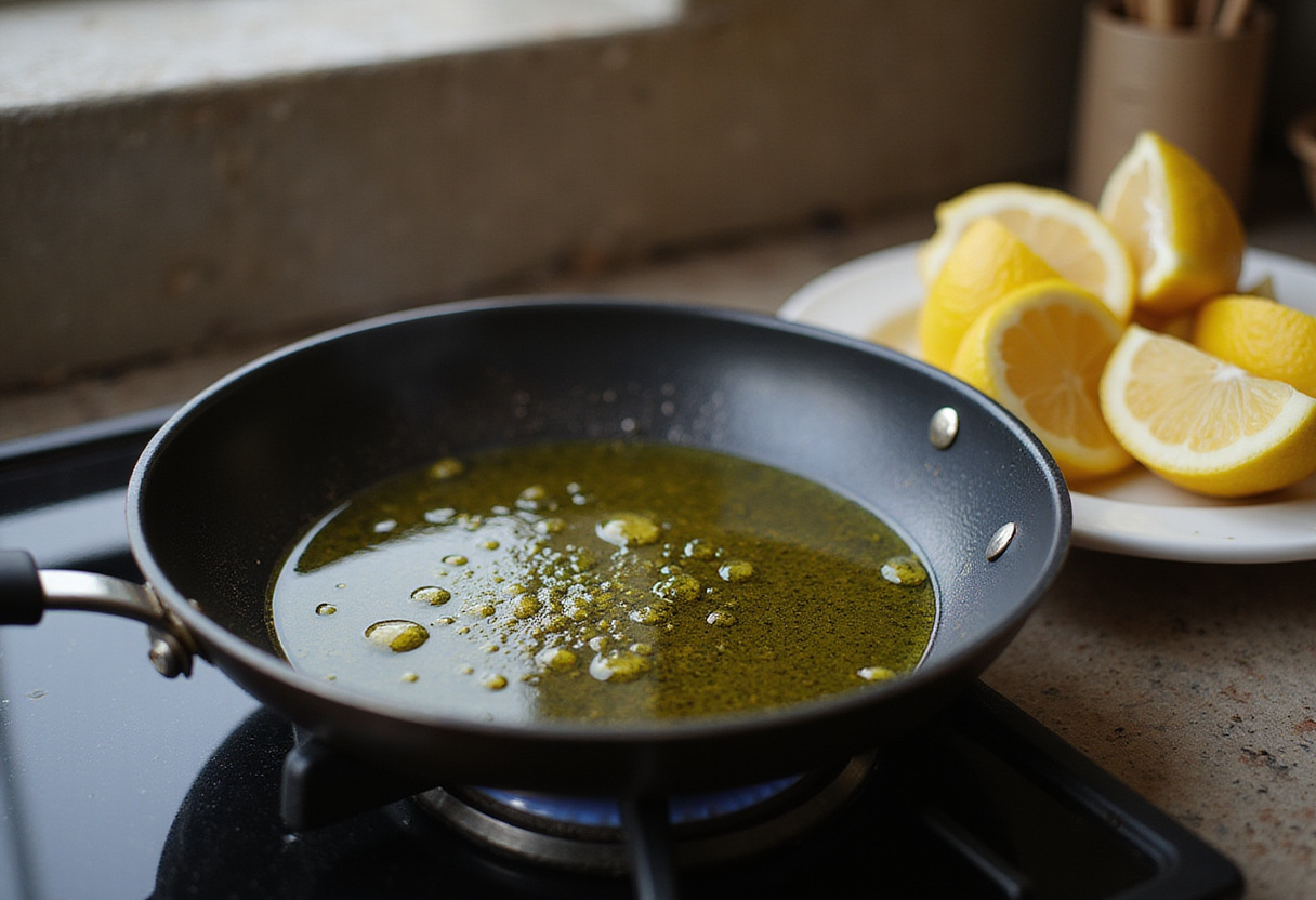 Heating olive oil for cooking tilapia al limón with lemon wedges in preparation.