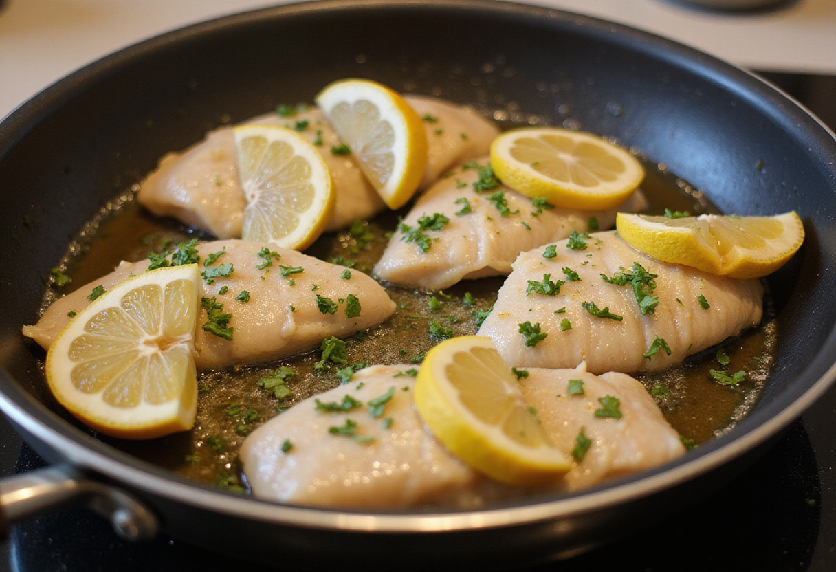 Cooking tilapia al limón in a skillet with lemon and herbs for flavor enhancement.