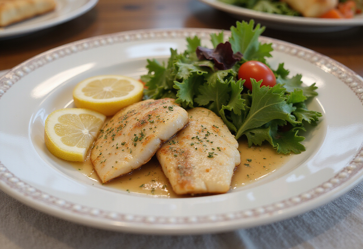 Plating finished tilapia al limón with a fresh side salad and garnished lemon slices.