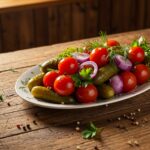Plato presentado de tomates cherry, cebollas rojas y pepinos en escabeche, ideal para disfrutar en comidas.