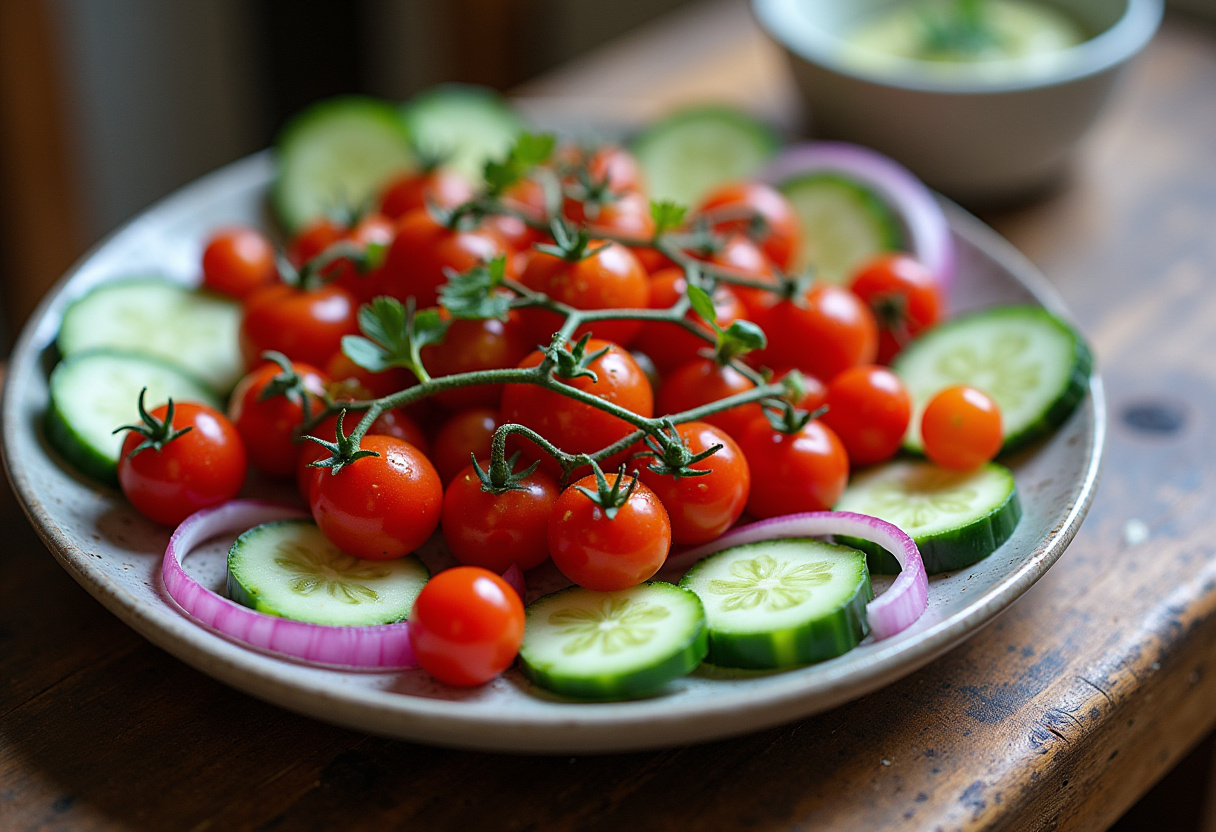 Plato presentado de tomates cherry, cebollas rojas y pepinos en escabeche, ideal para disfrutar en comidas.