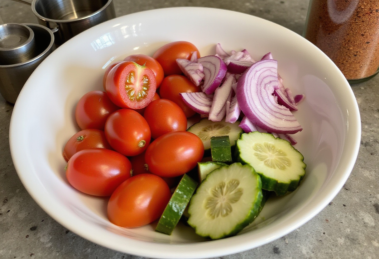 Ingredientes para la receta de escabeche con tomates cherry, cebollas rojas y pepinos en escabeche.
