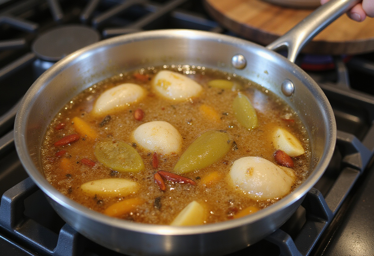Preparación del líquido de escabeche para tomates cherry, cebollas rojas y pepinos en escabeche.