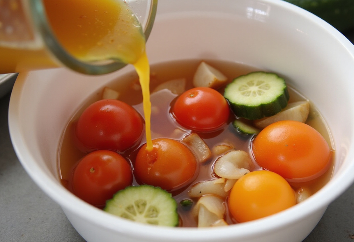 Verduras siendo cubiertas con líquido de escabeche para conservas.