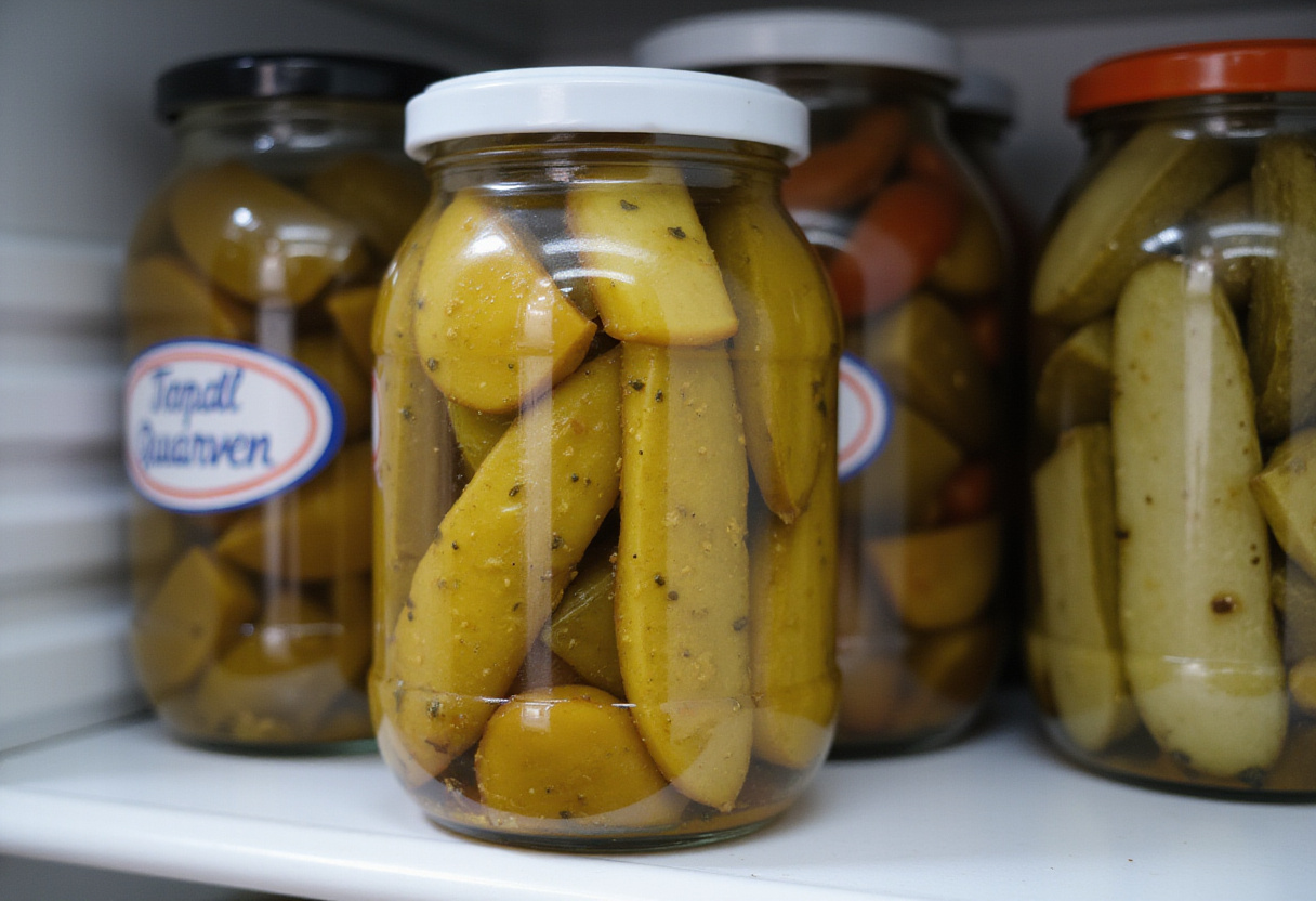 Frascos de conservas con tomates cherry, cebollas rojas y pepinos en escabeche en el refrigerador.