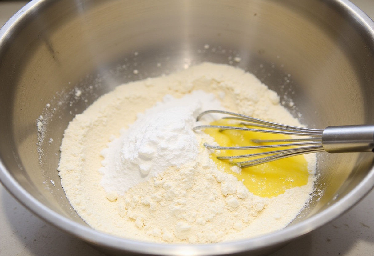 Ingredientes secos para la Torta de Limón en un tazón de mezcla.