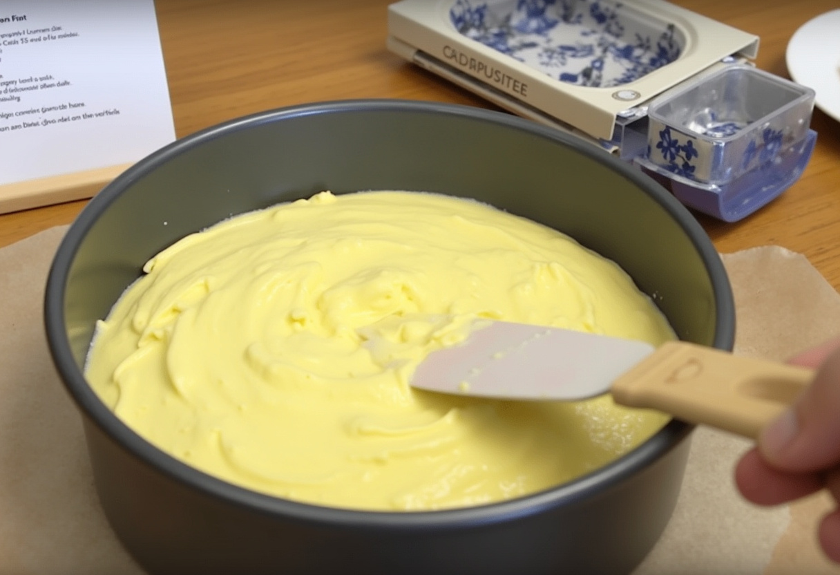 Rellenando un molde con la mezcla de Torta de Limón para hornear.