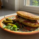 Delicious torta de jamón served with pickled jalapeños, perfect for any meal.