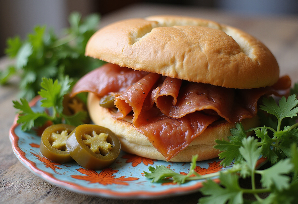 Deliciosa torta de jamón servida con jalapeños en vinagre, perfecta para cualquier comida.