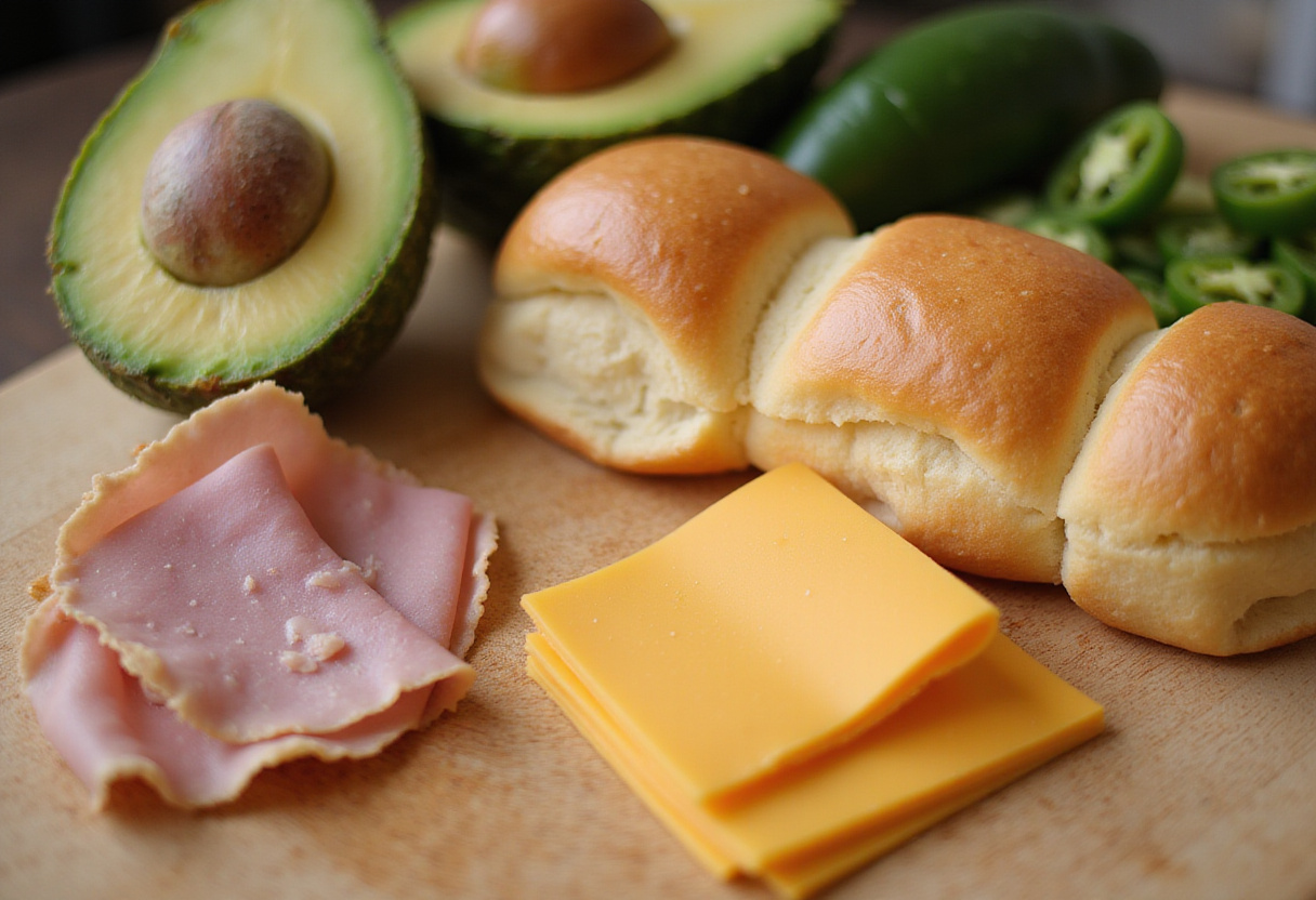 Cortando jamón y queso para la deliciosa preparación del sándwich de tortas de jamón.