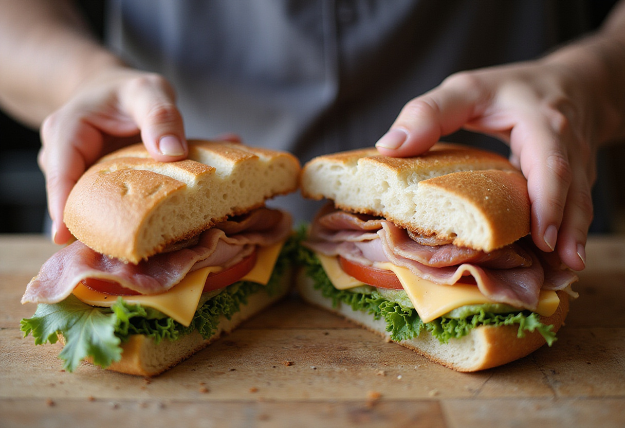 Armando una torta de jamón con capas de jamón, queso y verduras frescas.