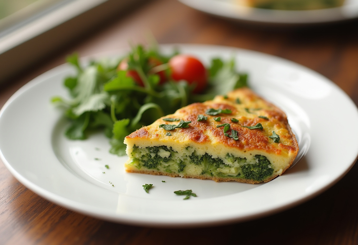 Tortilla de brócoli presentada elegantemente, ideal para una comida saludable.