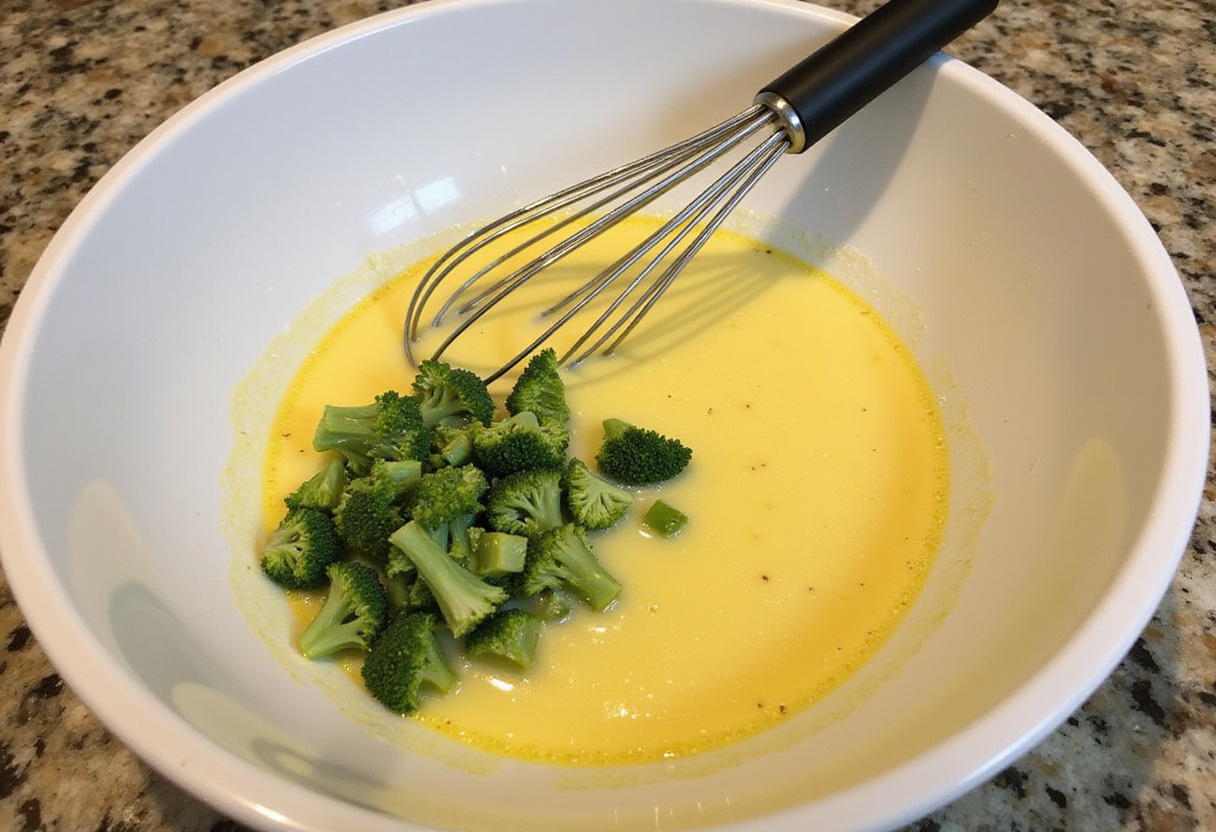 Mezcla de claras de huevo y brócoli picado para receta de tortilla saludable.