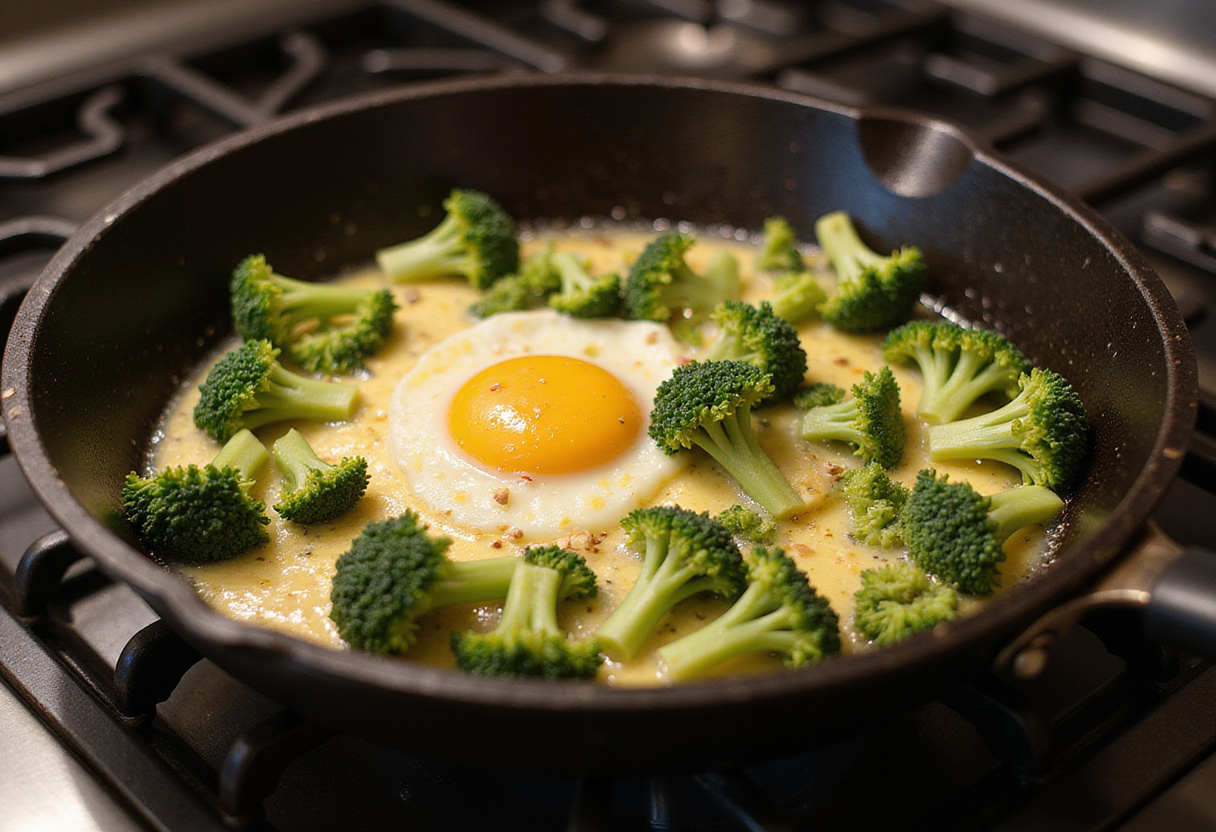 Aceite de oliva en sartén para la tortilla de claras con brócoli en la cocina.