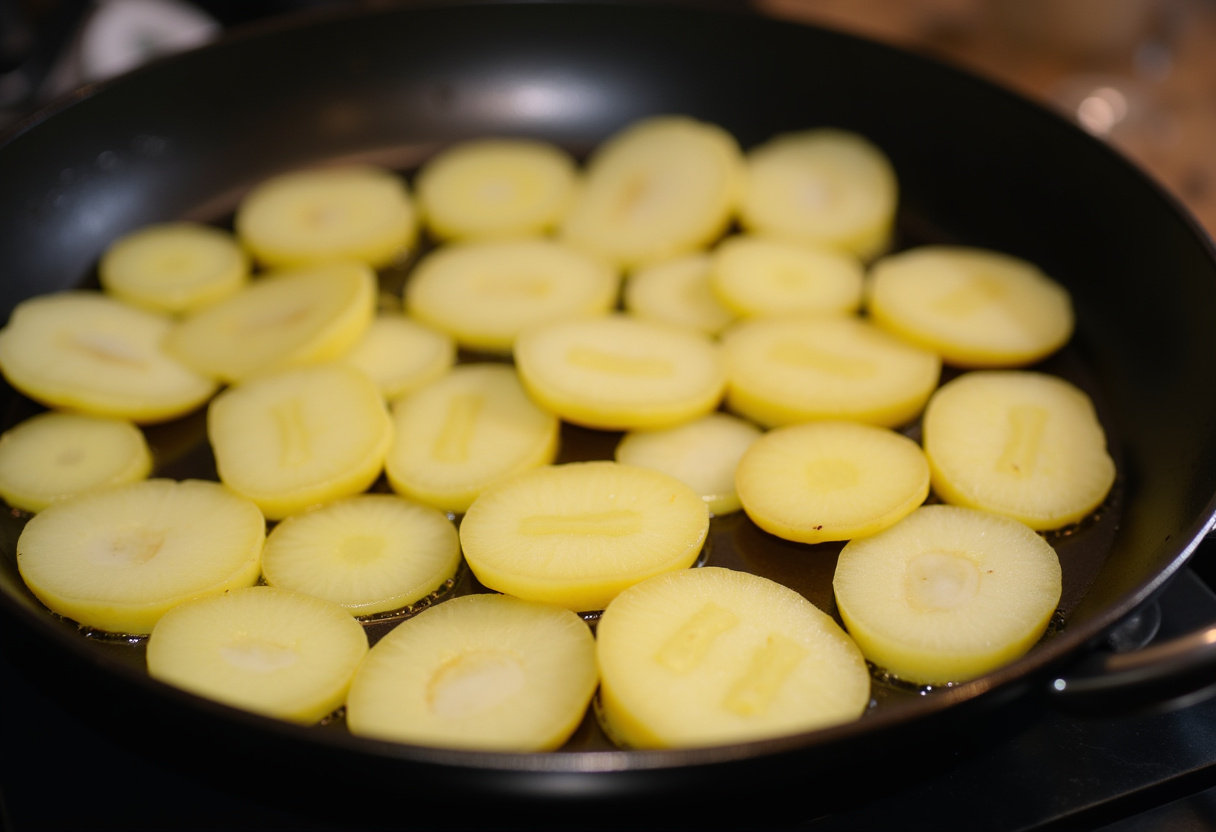 Patatas cortadas en rodajas en una sartén antes de cocinar la receta de tortilla de patatas fría.