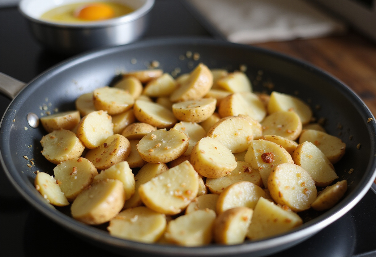 Mezcla de patatas cocidas y huevos batidos para la receta de tortilla de patatas fría.