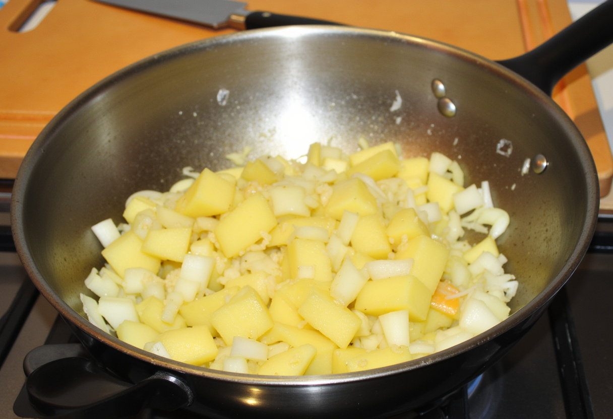 Sliced potatoes and onions prepared for cooking tortilla española ligera.