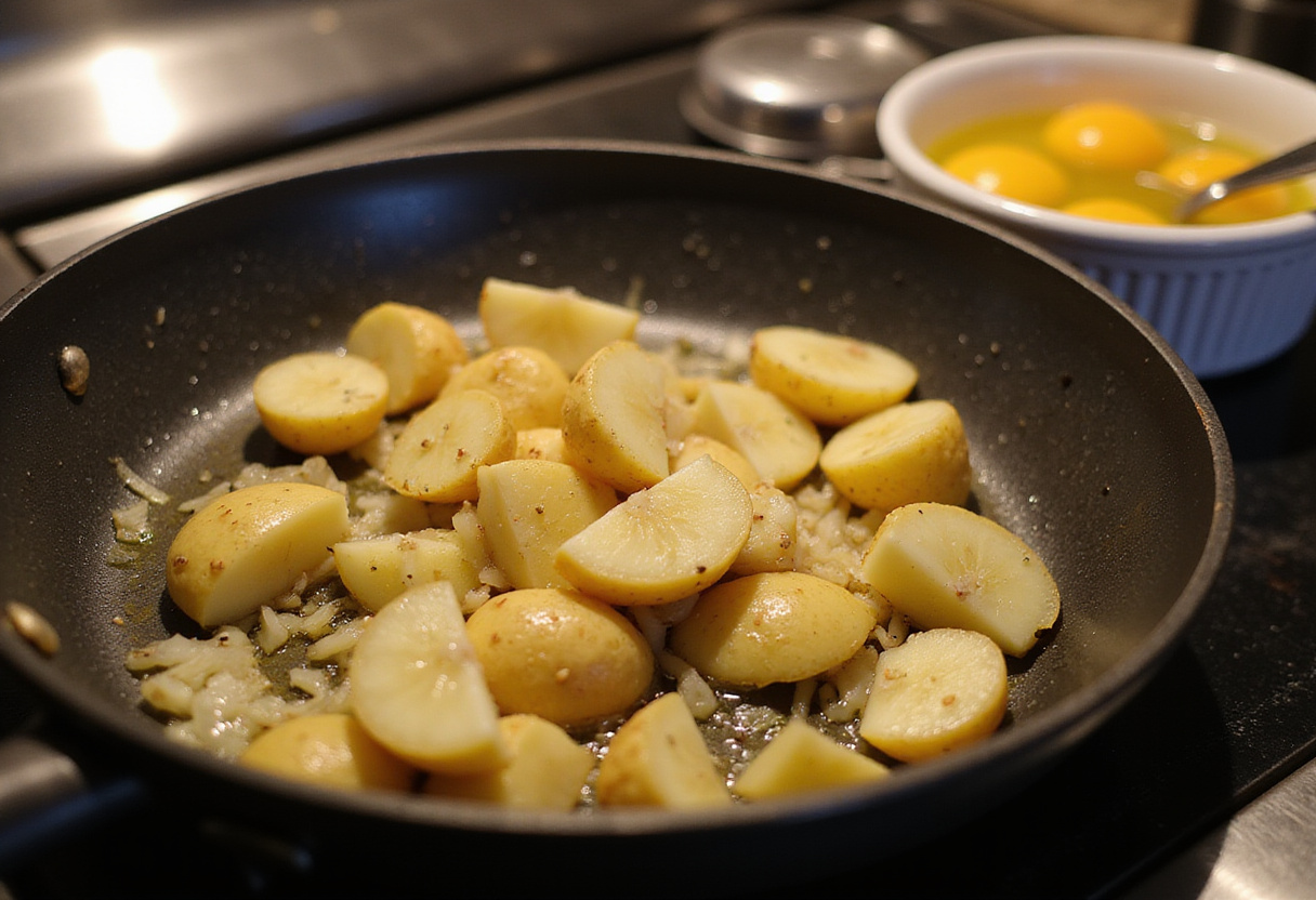 Sautéed potatoes and onions in a skillet for the receta de tortilla española ligera.