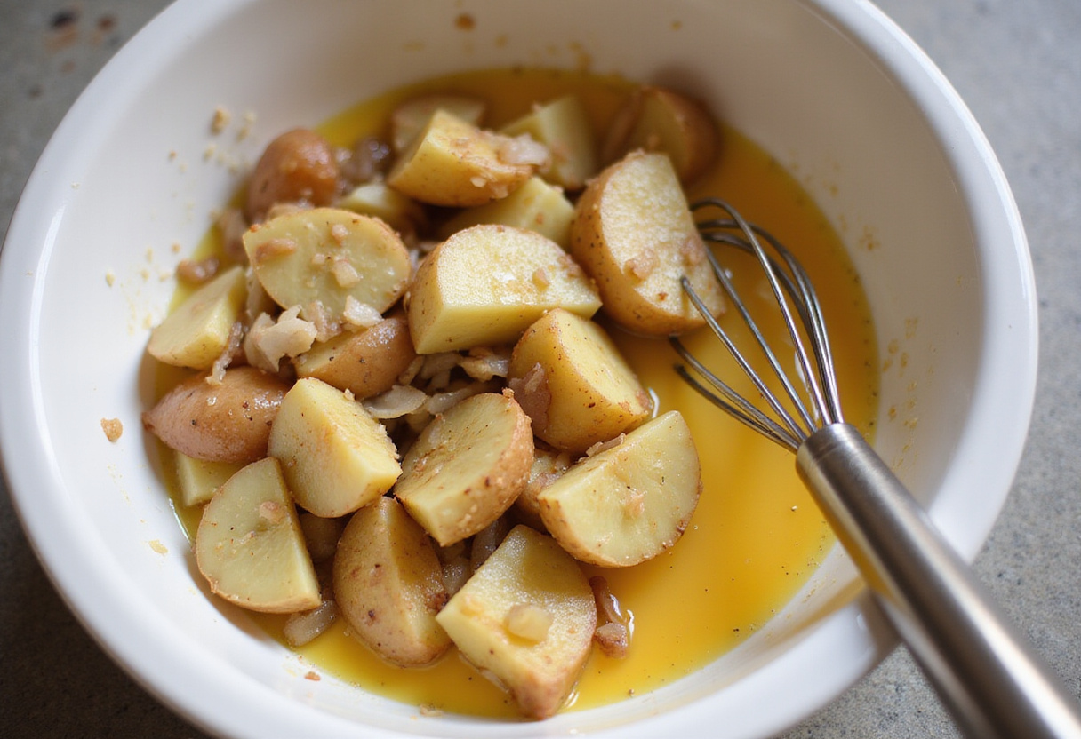 Combining sautéed vegetables with eggs for a tortilla vegetariana recipe.