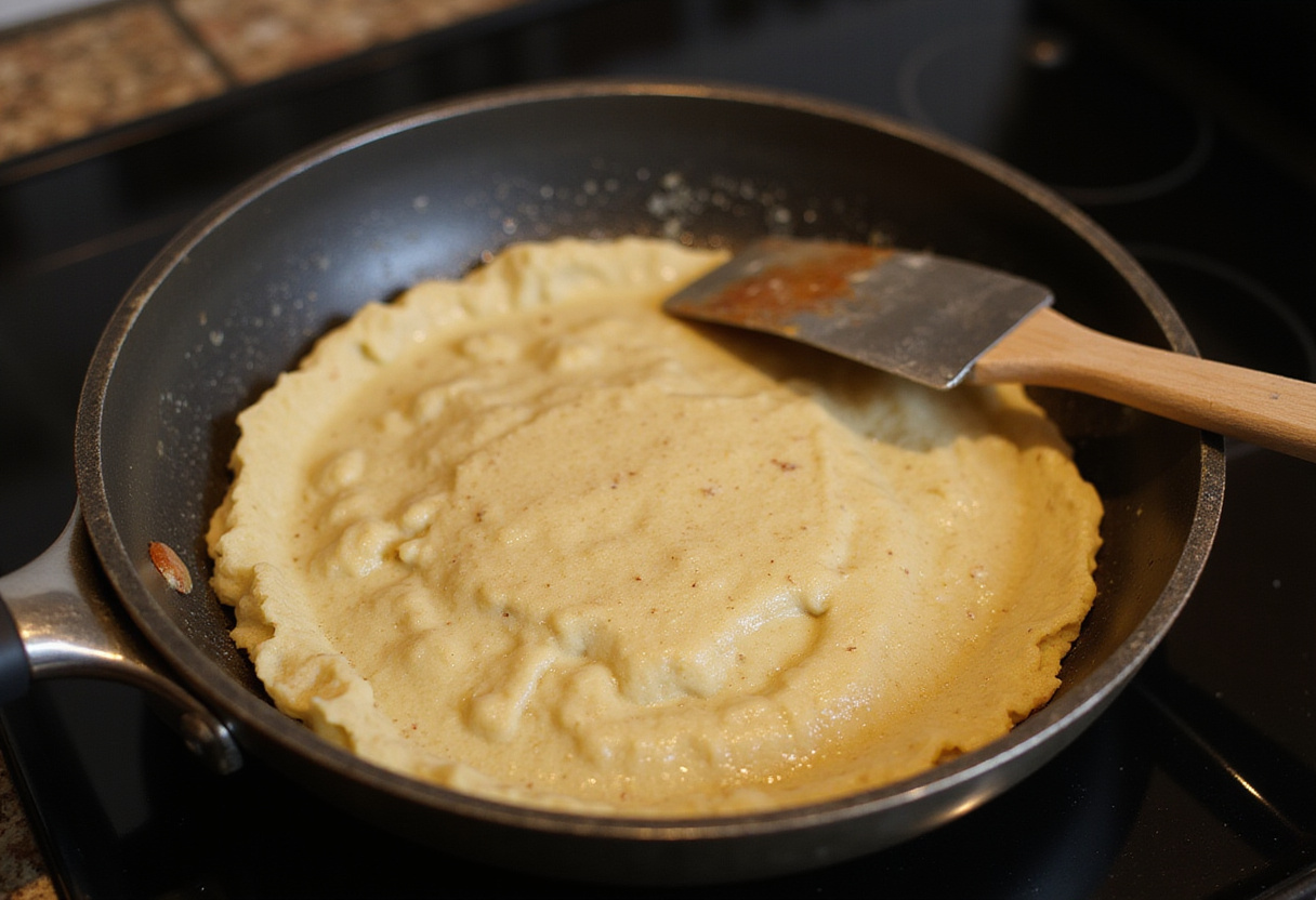 Cooking the tortilla española ligera in a skillet on the stove.