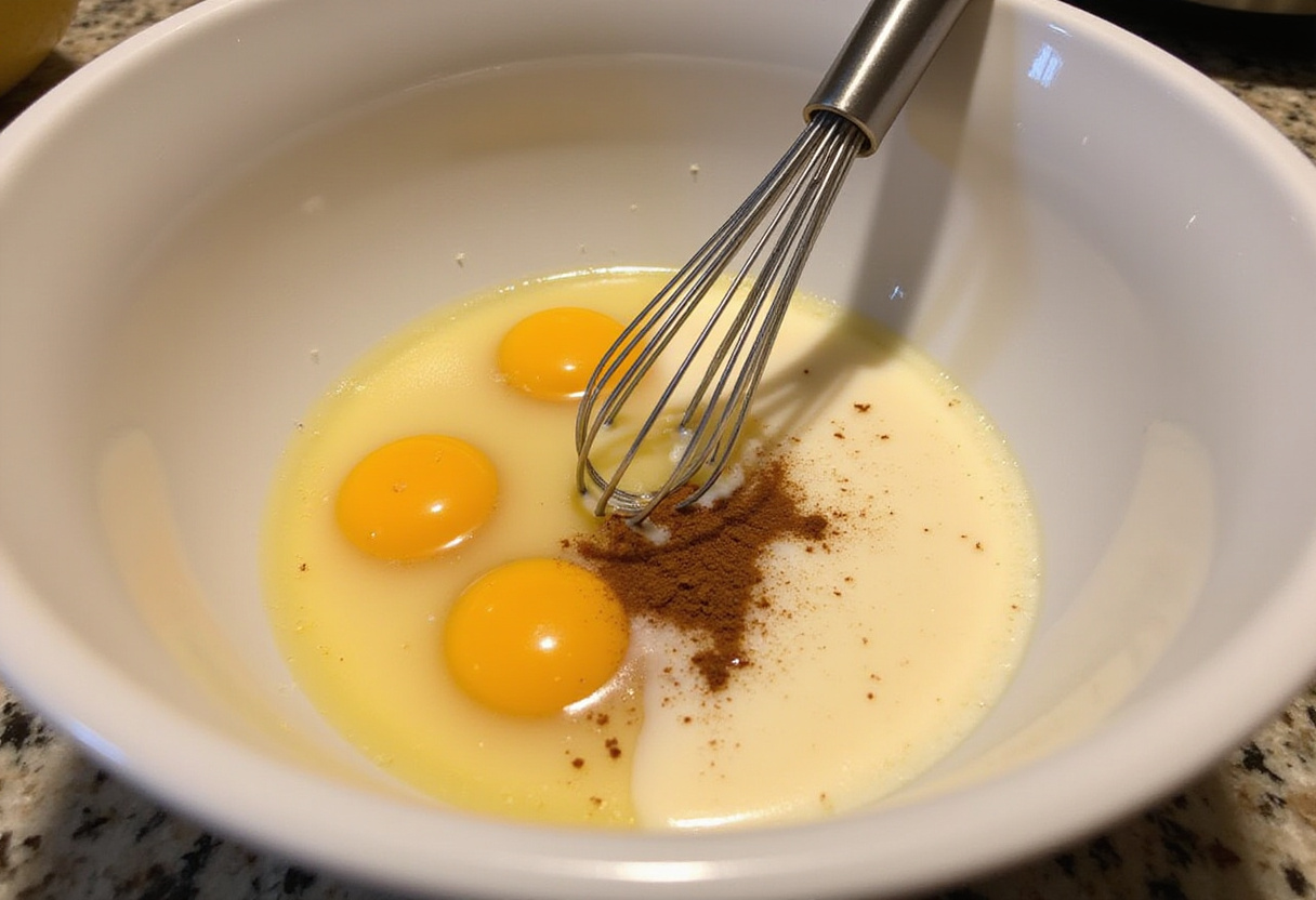 Bowl with egg mixture for tostadas francesas anabólicas preparation.