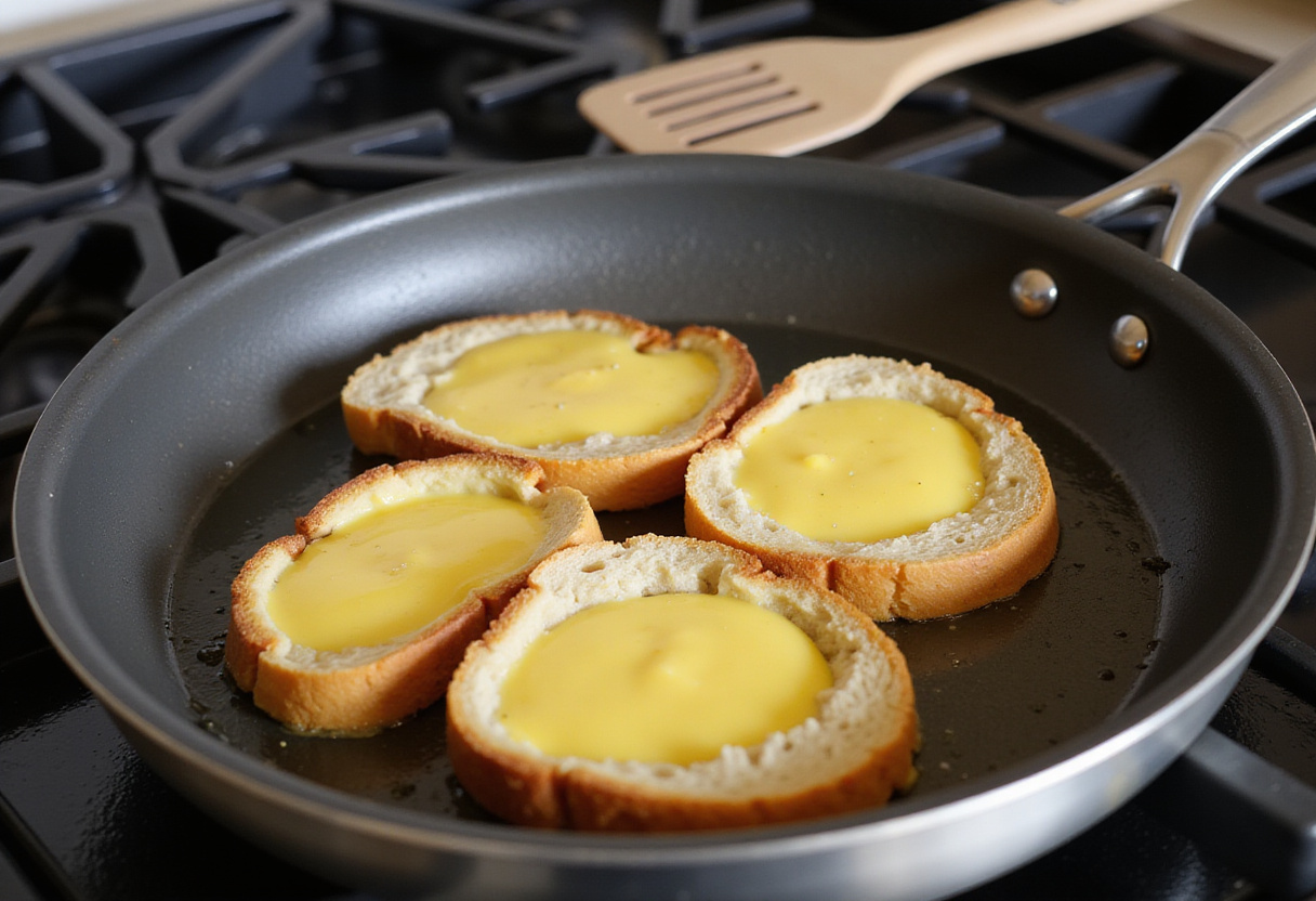 Bread slices soaking in egg mixture for making tostadas francesas anabólicas.