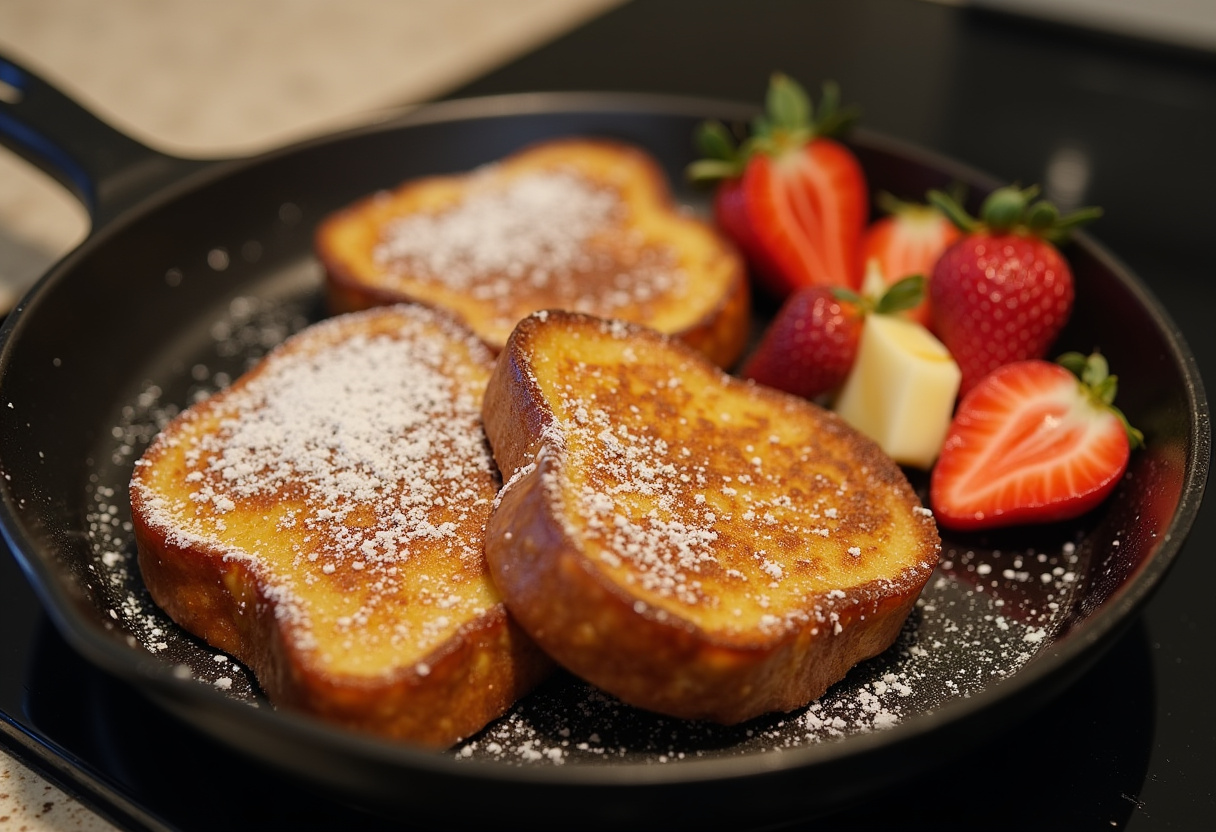 Golden brown tostadas francesas anabólicas frying in a skillet.