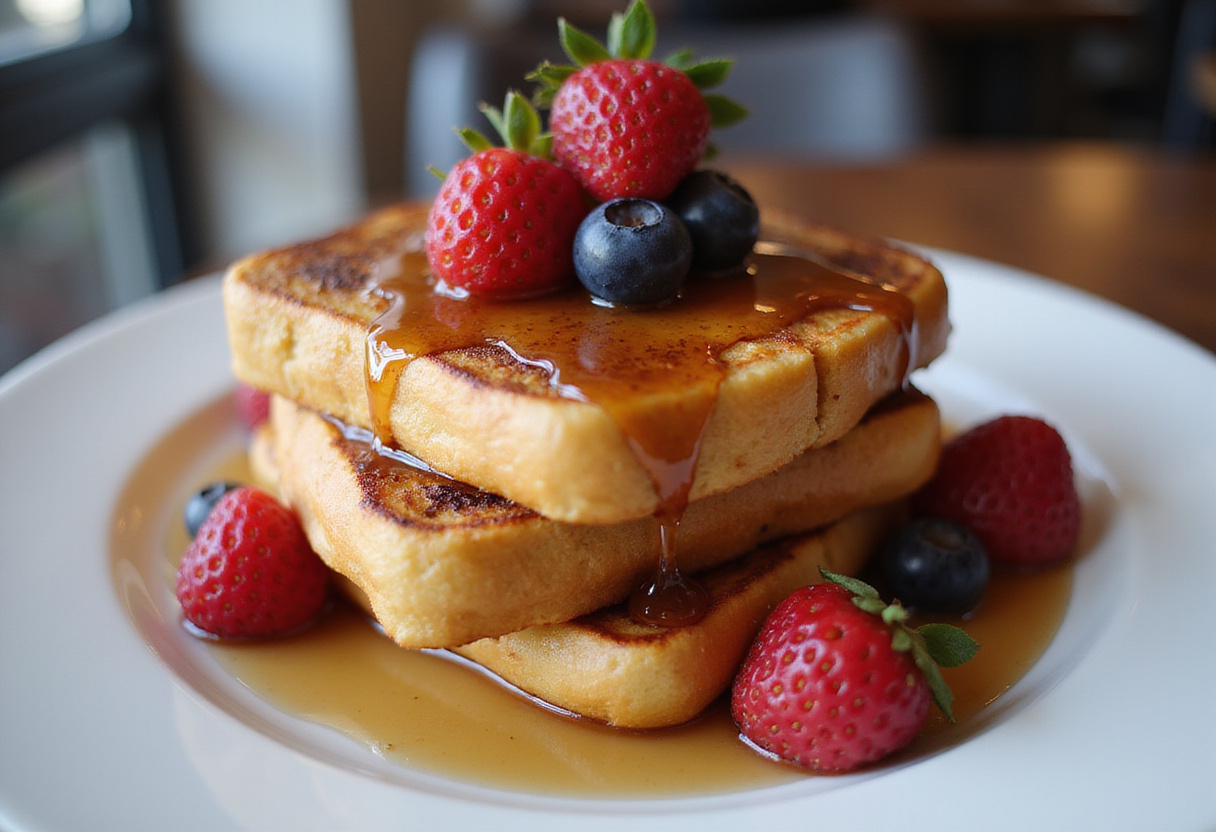 Stacked tostadas francesas anabólicas with berries and syrup, ready to enjoy.