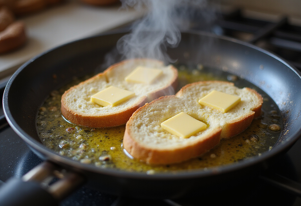 Tostadas francesas dorándose en una sartén con mantequilla derretida para un desayuno fácil.