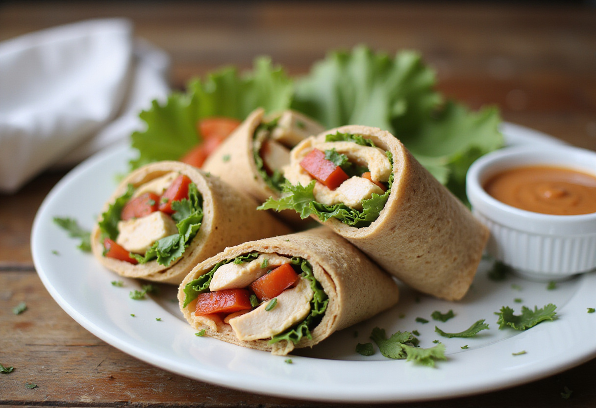 Wrap integral de pollo y hummus listo para servir, ideal para una comida rápida saludable.