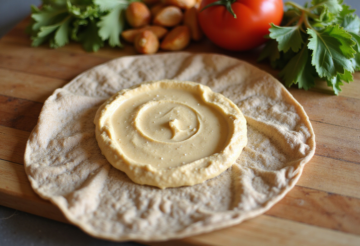 Wrap integral de pollo con hummus esparcido en una tabla de cortar para una receta saludable.