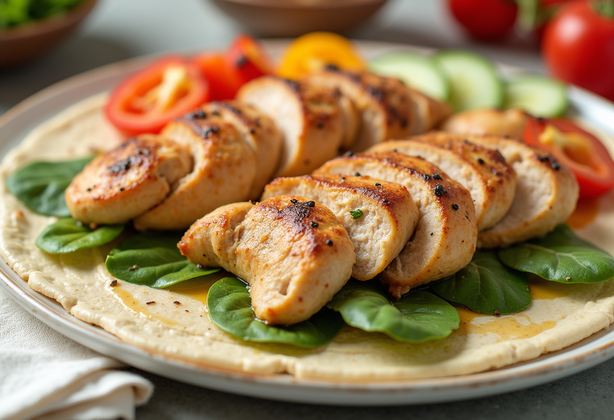 Pollo a la parrilla sobre el hummus en un wrap integral para una comida rápida saludable.
