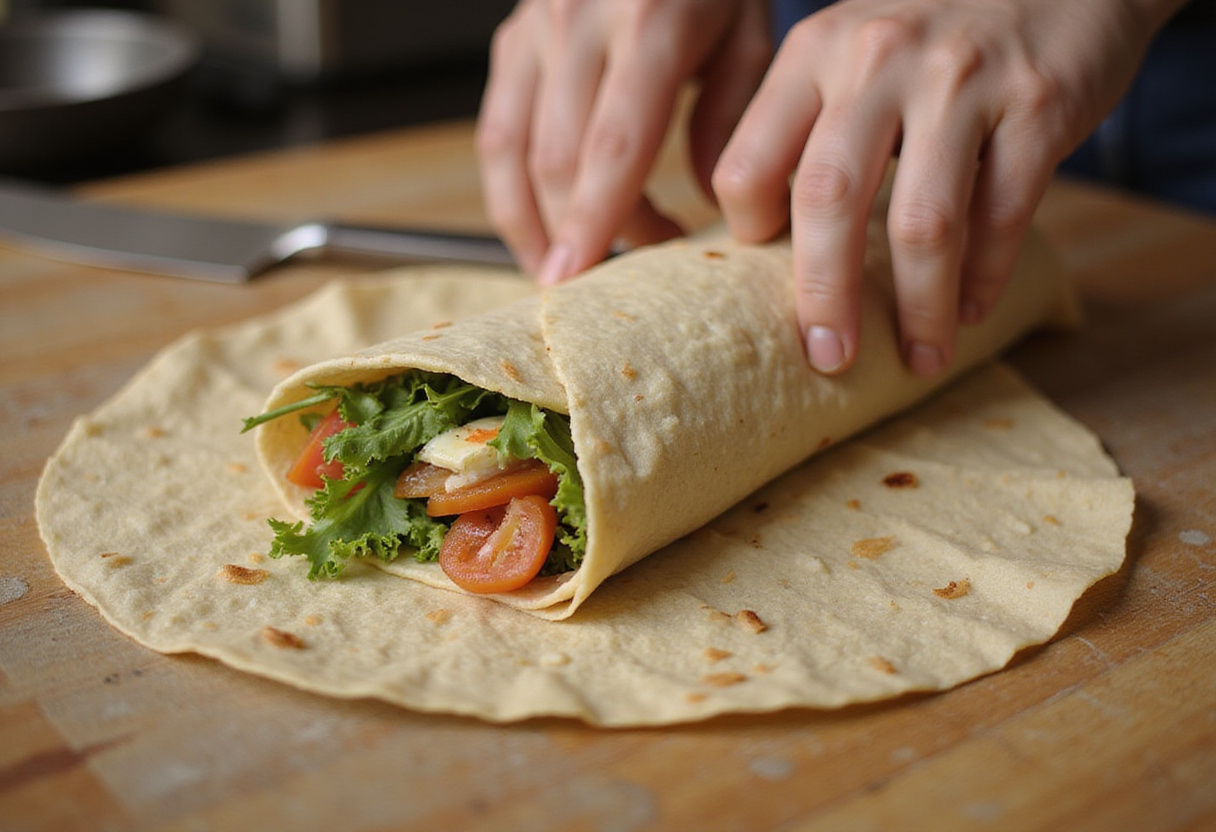 Wrap integral de pollo siendo enrollado, ideal para una receta saludable y rápida.