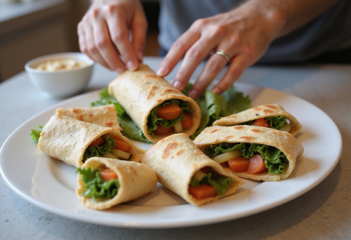 Wrap integral de pollo cortado en piezas, presentado con hummus y verduras frescas.