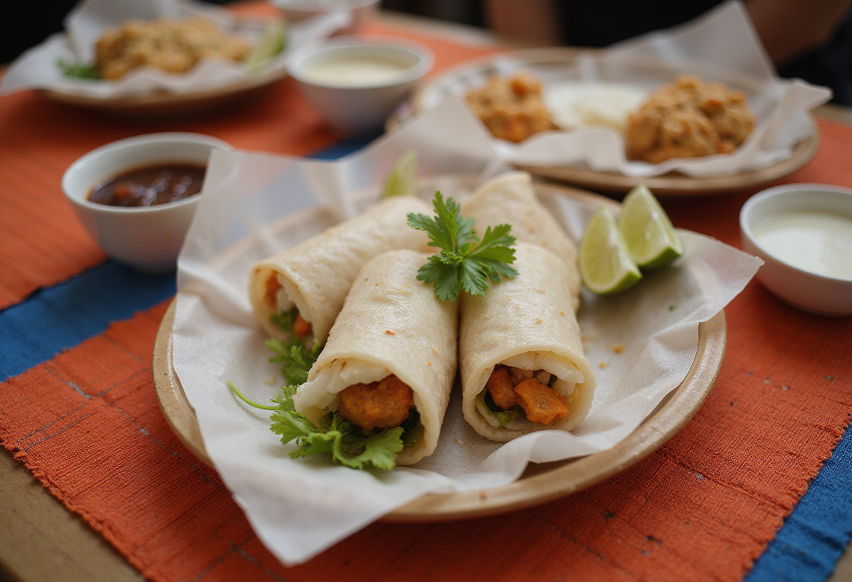Wraps de papel de arroz con pollo y aguacate servidos en una mesa, ideales para una comida ligera.