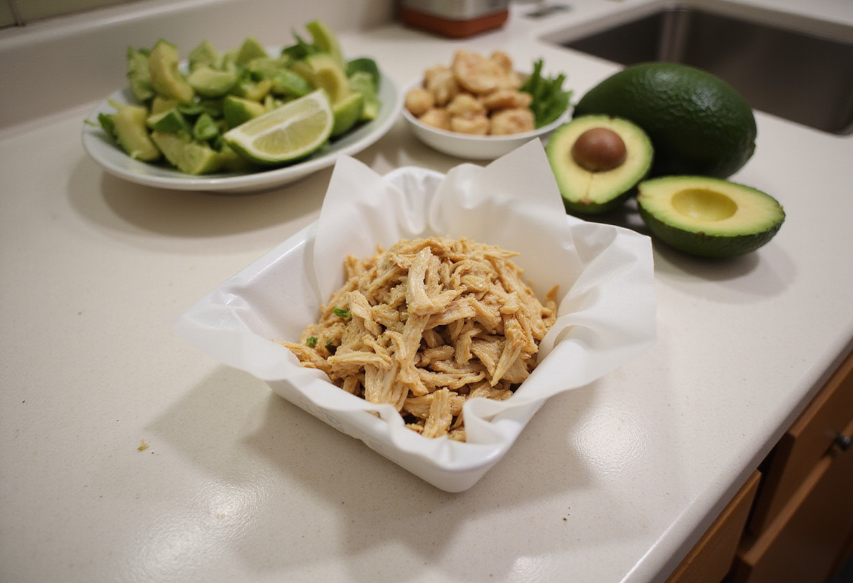 Preparación de wraps de papel de arroz con pollo y aguacate en la mesa de cocina.
