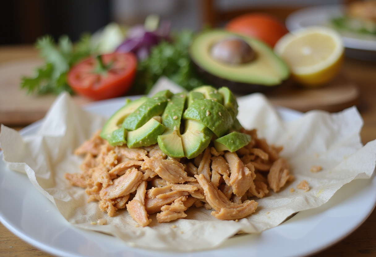 Montaje de pollo y aguacate en papel de arroz para la receta saludable de wraps.