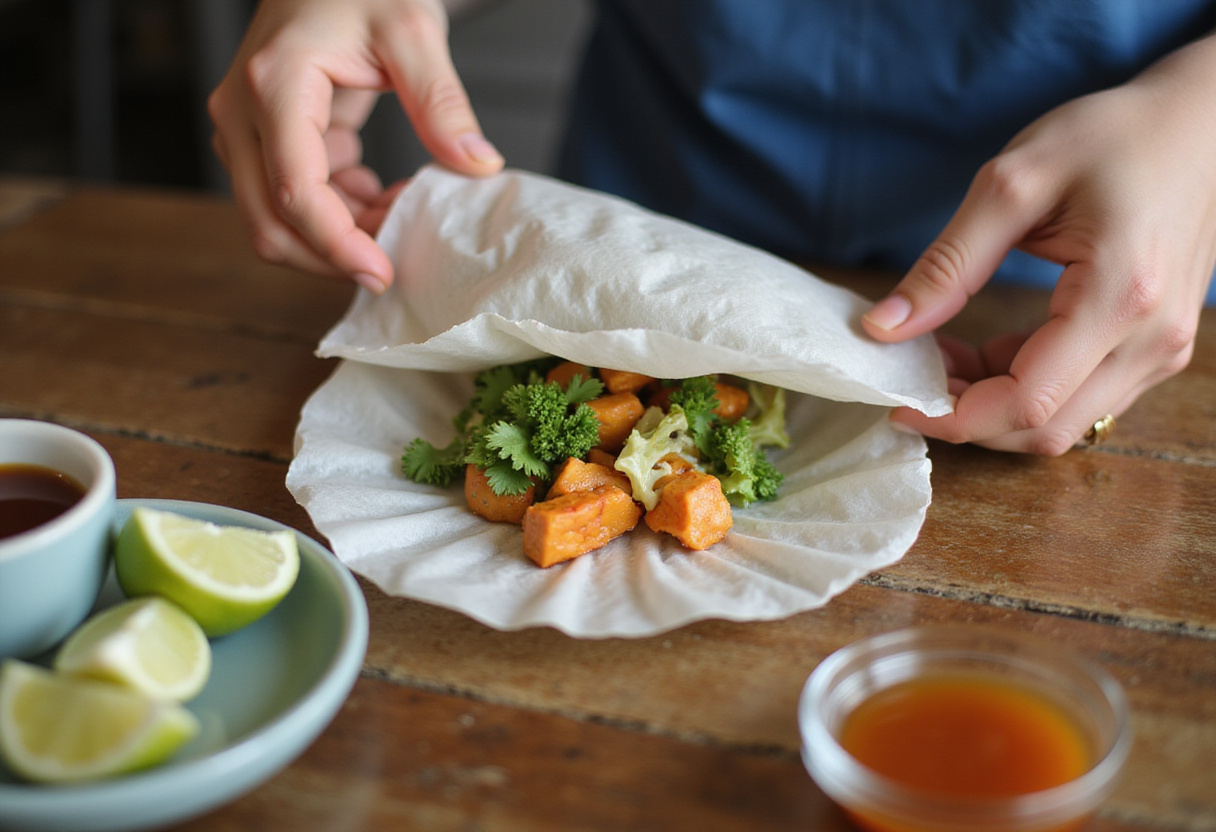 Enrollando wraps de papel de arroz con pollo y aguacate para aperitivo saludable.