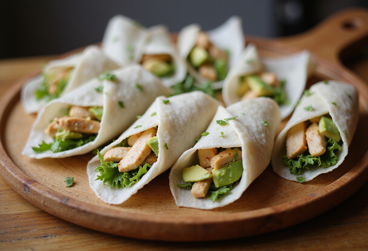 Wraps de papel de arroz listos para servir, llenos de pollo y aguacate.