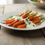 Zanahorias asadas con salsa de yogur, un plato delicioso y colorido.