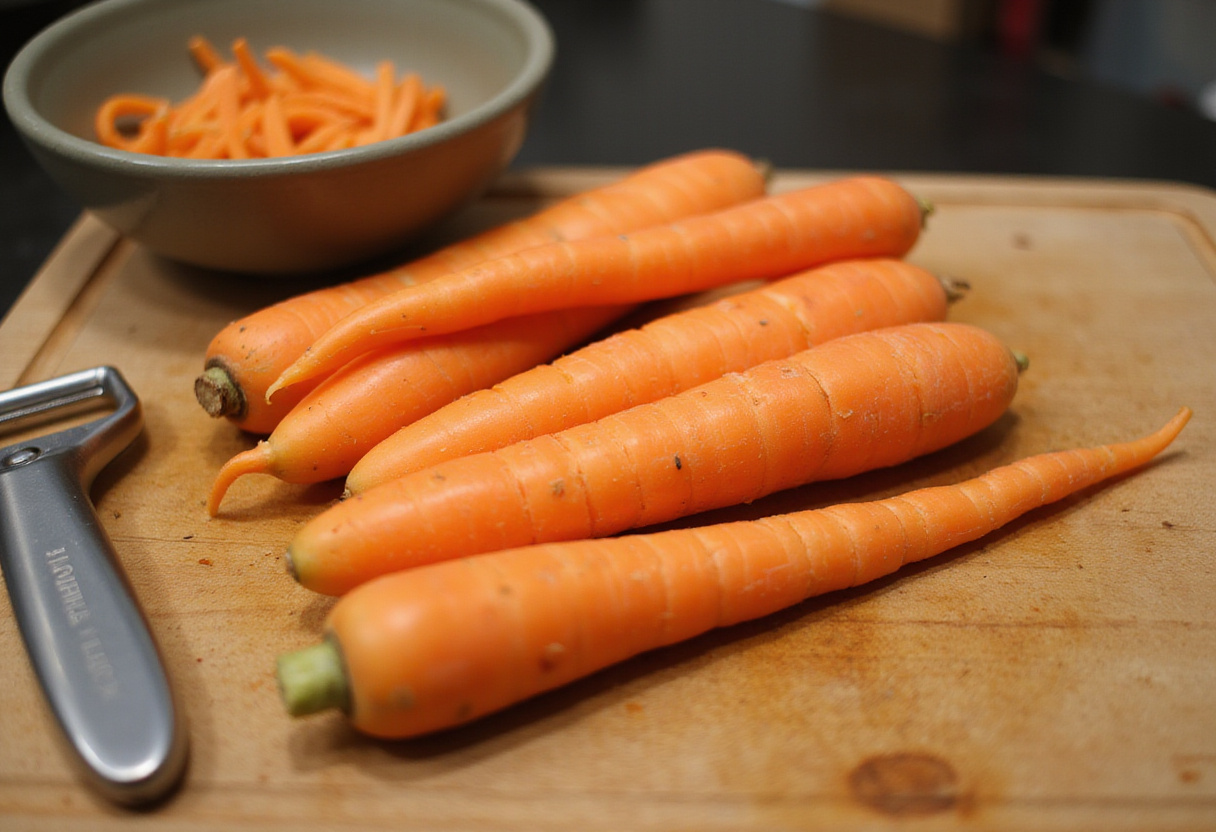 Zanahorias frescas siendo peladas para la receta de zanahorias asadas.