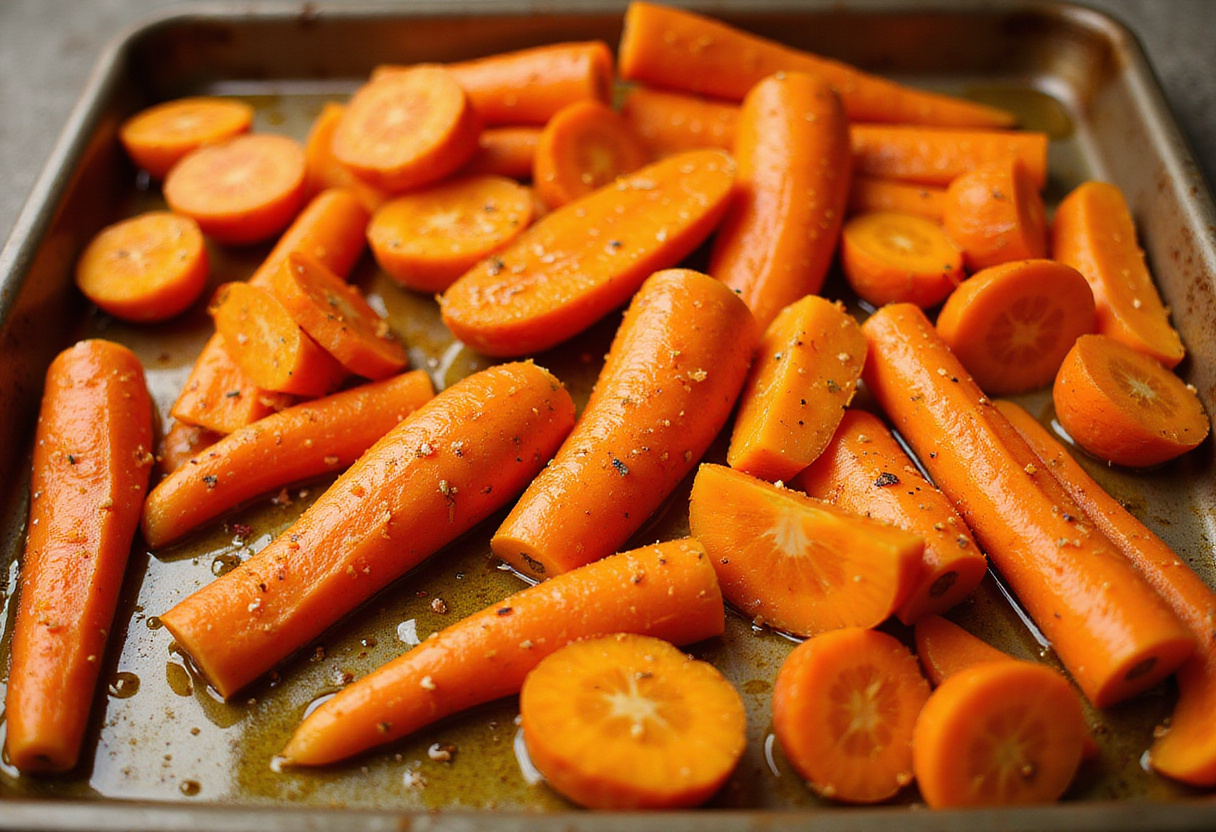 Zanahorias cortadas en una bandeja preparadas con aceite de oliva y especias para zanahorias al horno.