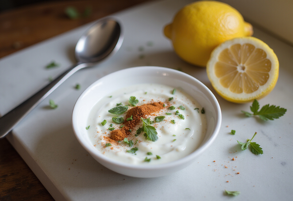 Salsa de yogur siendo preparada con hierbas para acompañar las zanahorias asadas.