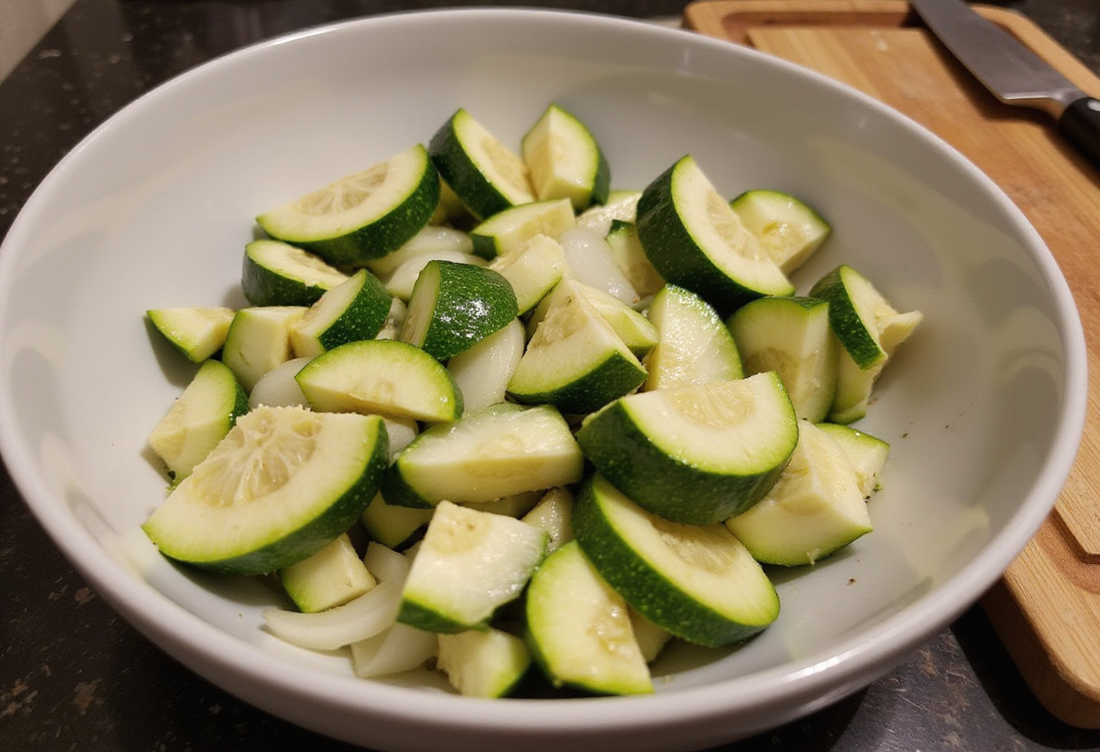 Calabacín y cebolla picados preparados para la receta del zarangollo murciano fácil.