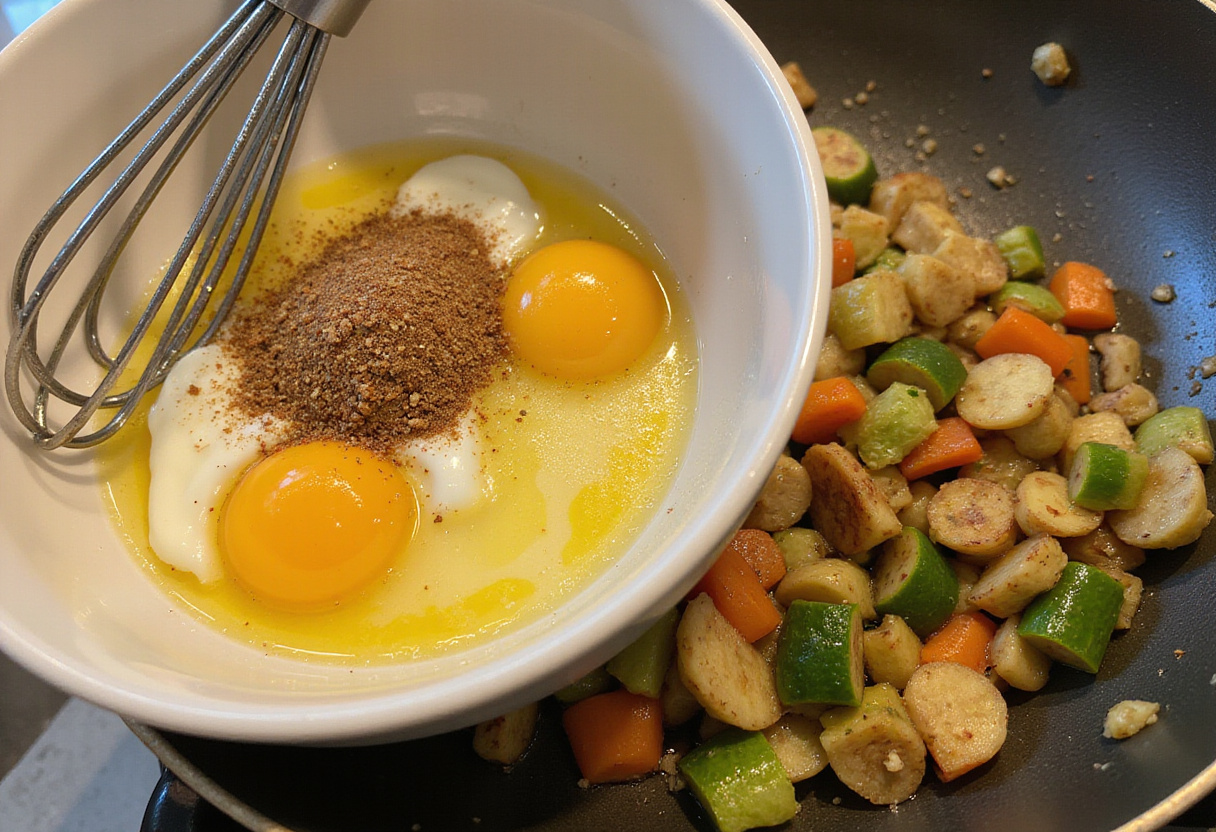 Huevos batidos listos para ser añadidos a las verduras salteadas para el zarangollo murciano fácil.