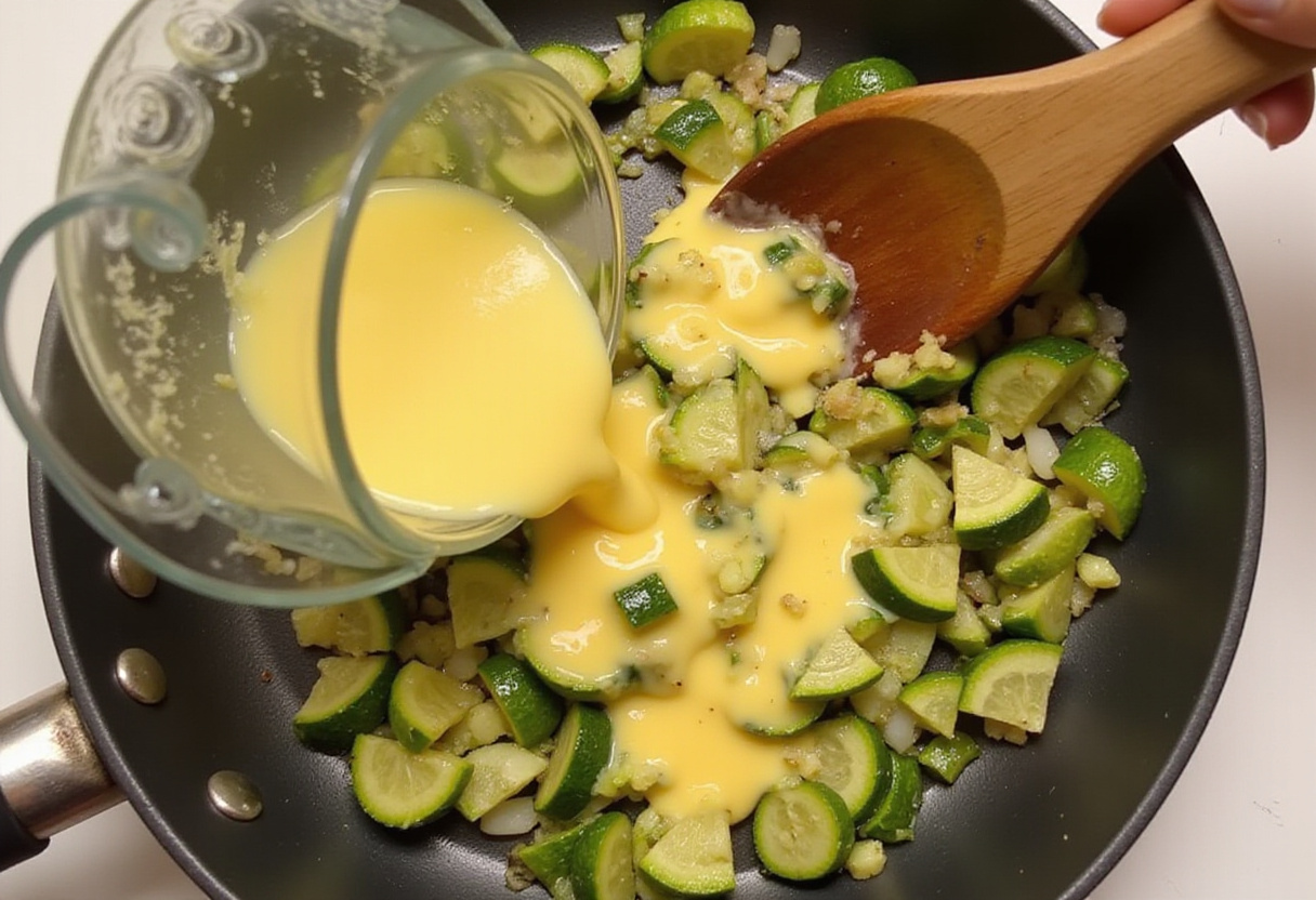 Mezcla de verduras y huevo combinándose en la sartén para el zarangollo murciano fácil.