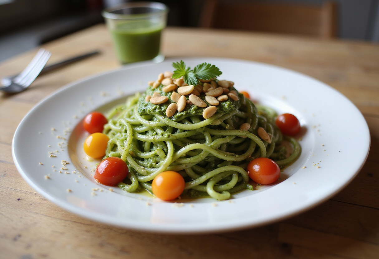 Plato final de zoodles de calabacín con pesto ligero, tomates cherry y piñones, perfecto para recetas saludables.