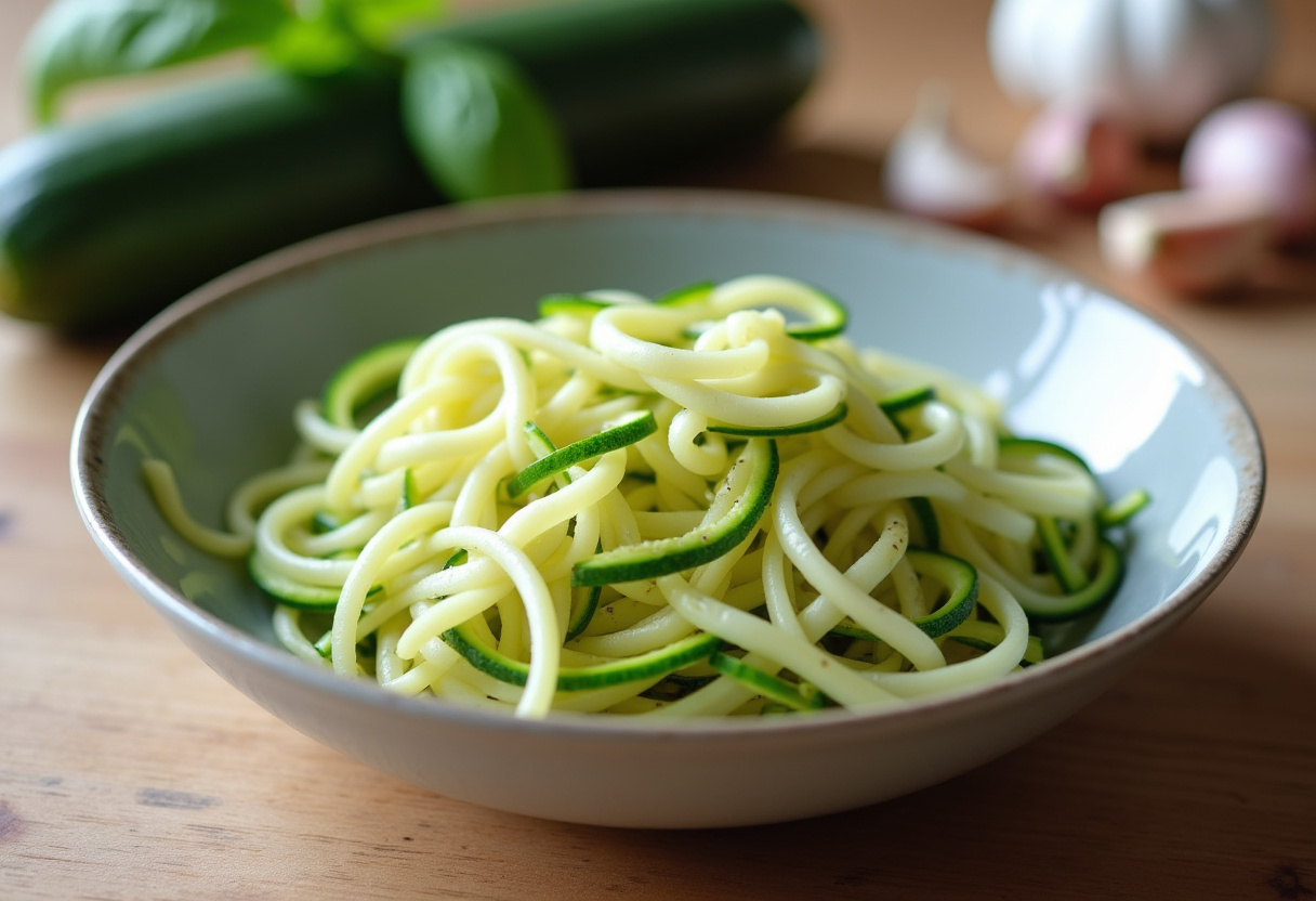 Zoodles de calabacín recién espiralizados listos para la receta de pesto ligero.