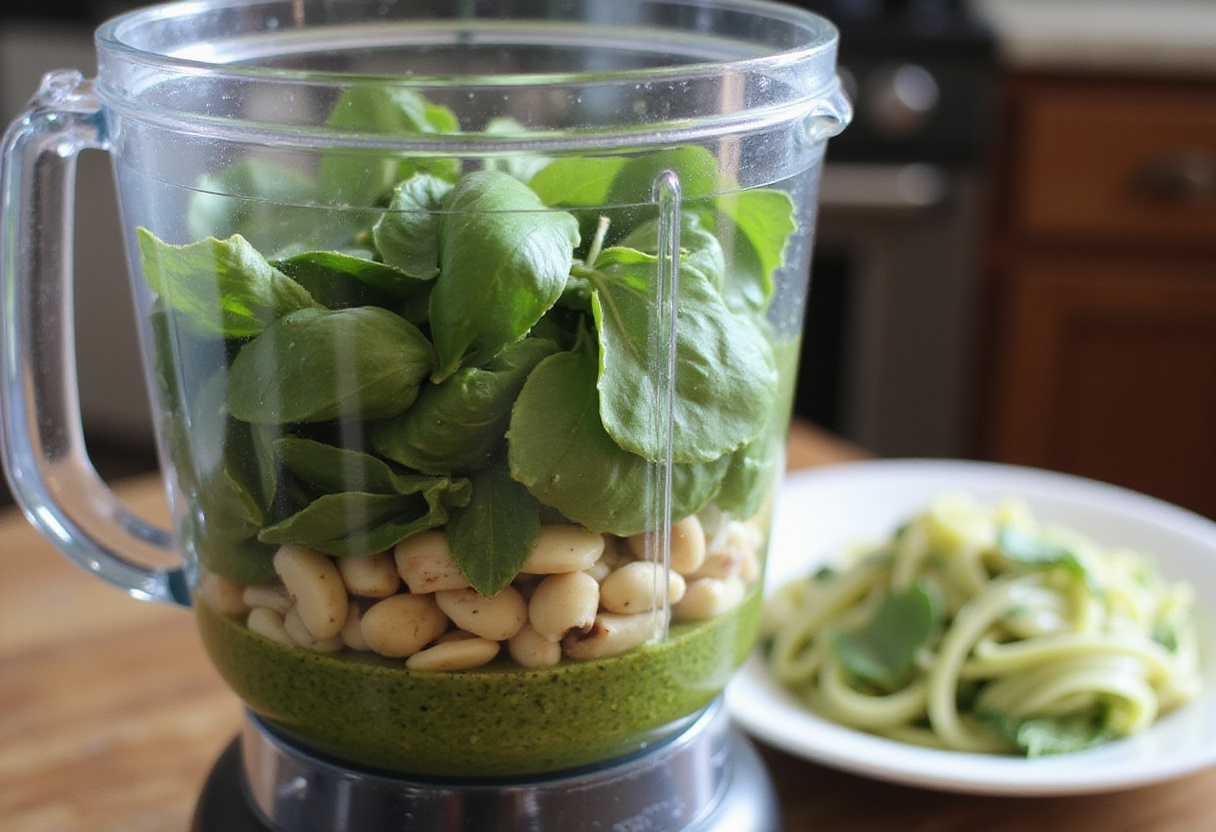 Ingredientes frescos para hacer pesto ligero para zoodles de calabacín.